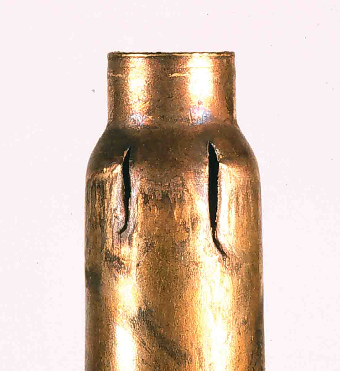 A close look reveals twin shoulder splits on this fireformed Winchester case.
